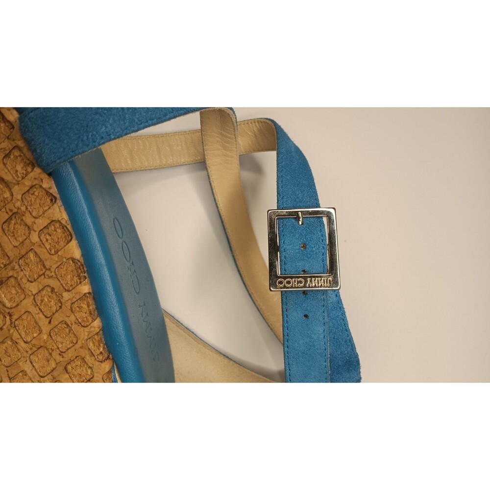 Jimmy Choo Wedge Sandals Blue Suede Cork Espadrilles Made in Spain Size 38 - Picture 15 of 16